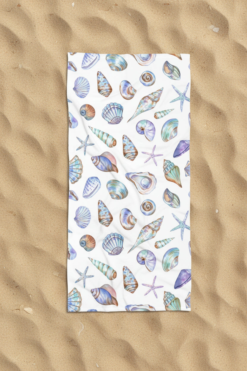 Seashells Sunset Beach Towel — Watercolor Shells & Starfish Summer Beach Towel