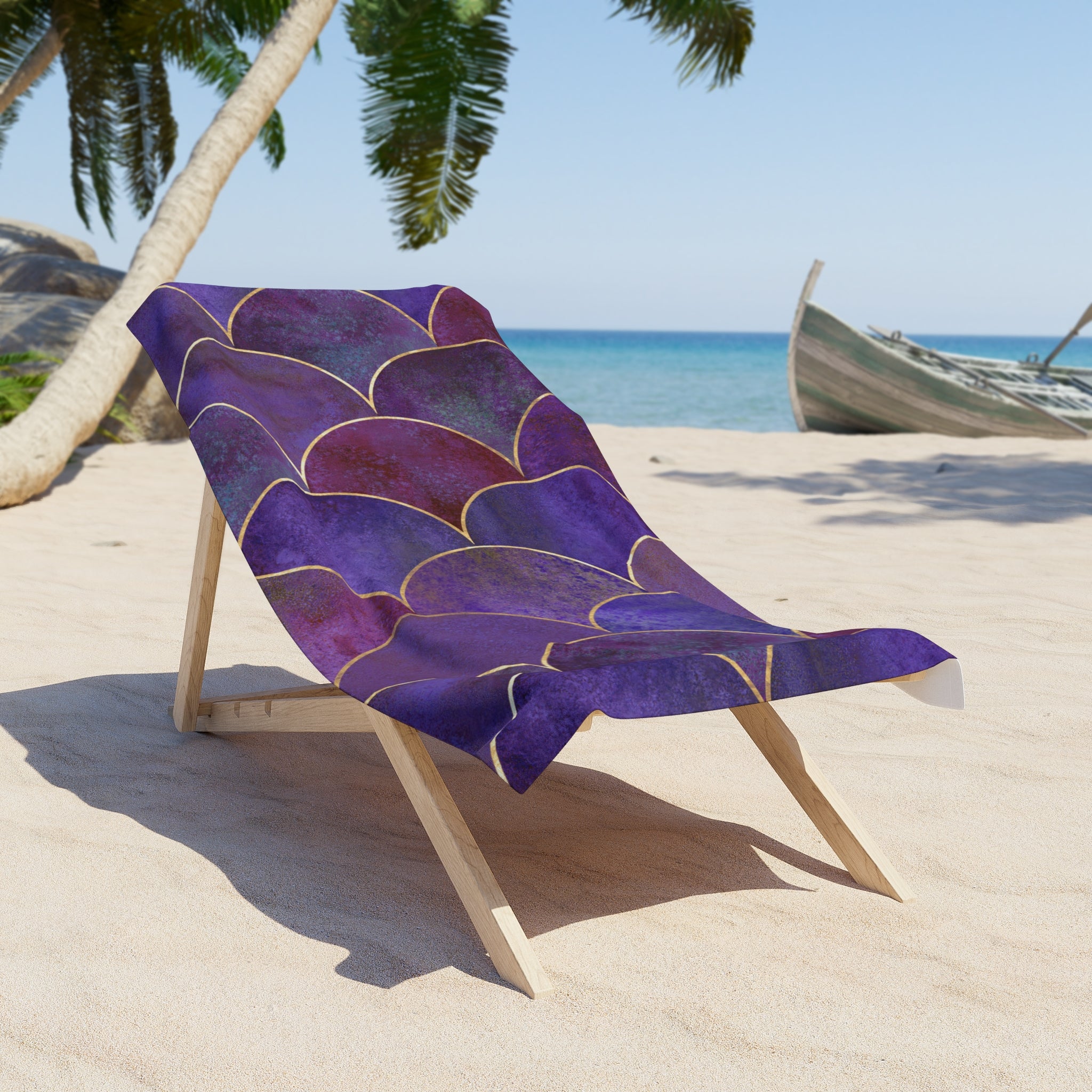 Purple Mermaid Scale Beach Towel — Gold Accent Nautical Towel