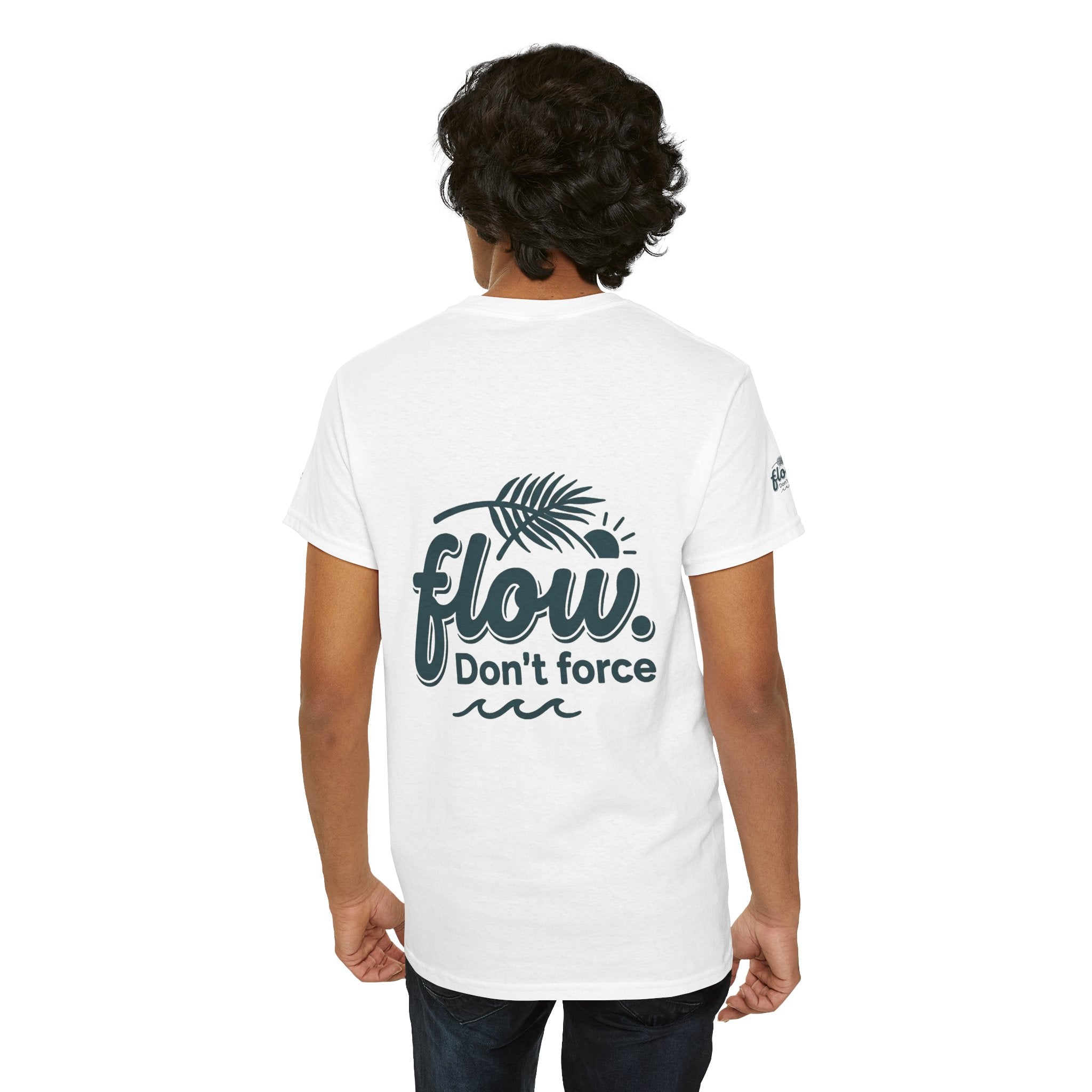 Flow Don't Force tee | Relaxed ocean wave palm design