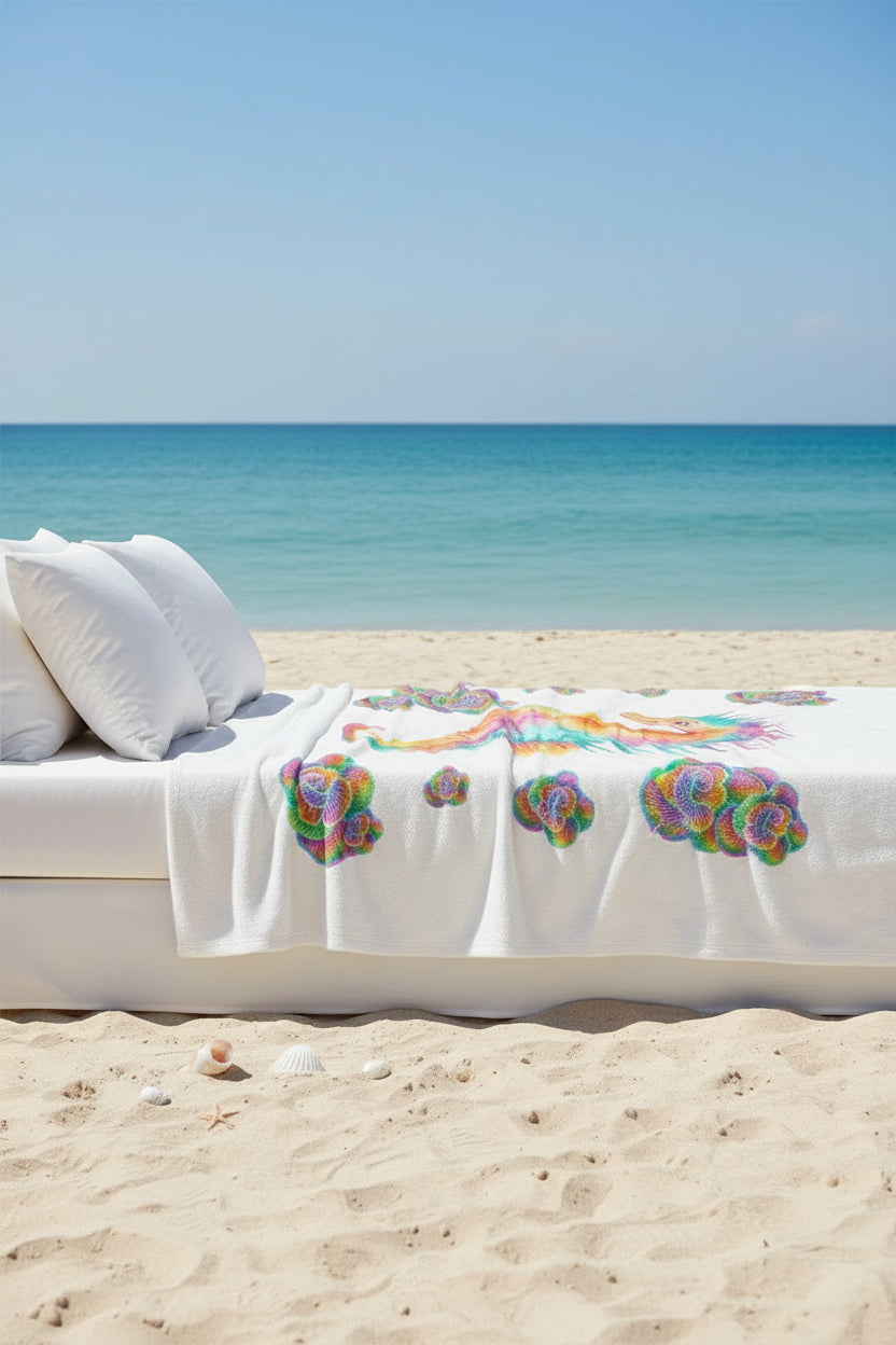 Seashorse Velveteen Plush Blanket — Rainbow Seahorse & Floral Watercolor Throw