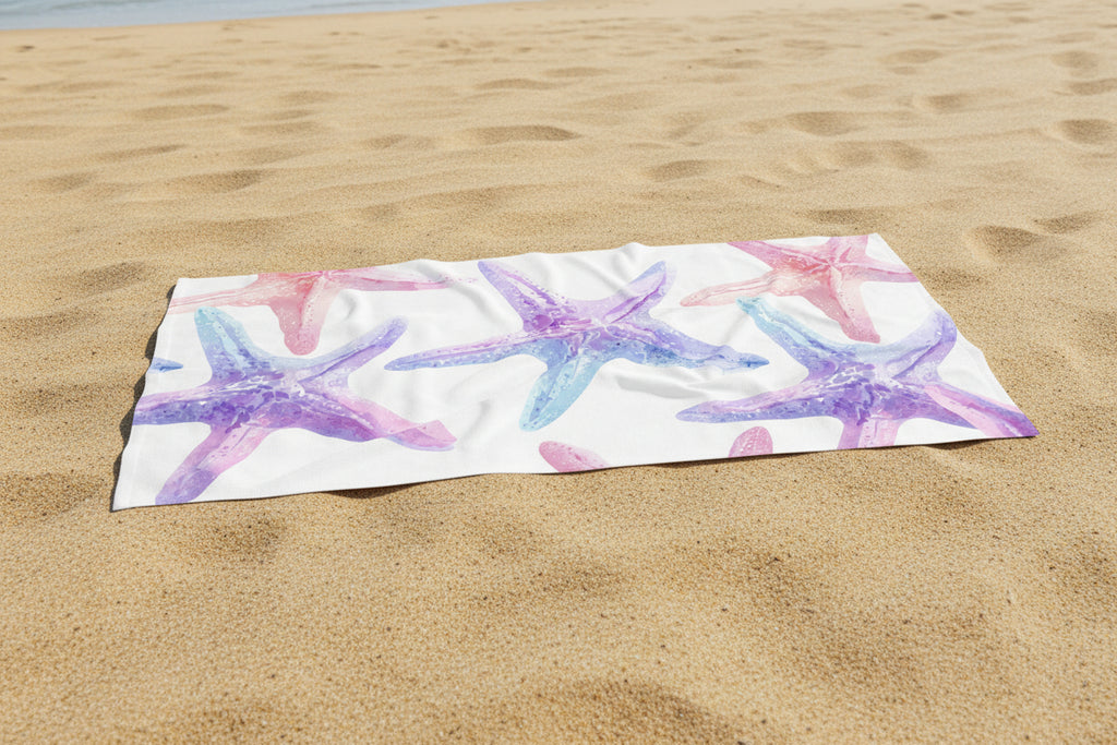 Starfish Watercolor Beach Towel — Seashell Coastal Towel