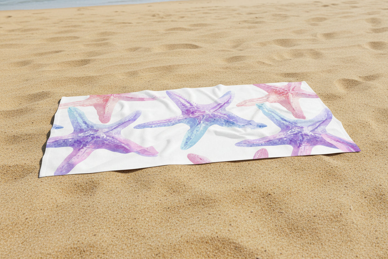 Starfish Watercolor Beach Towel — Seashell Coastal Towel