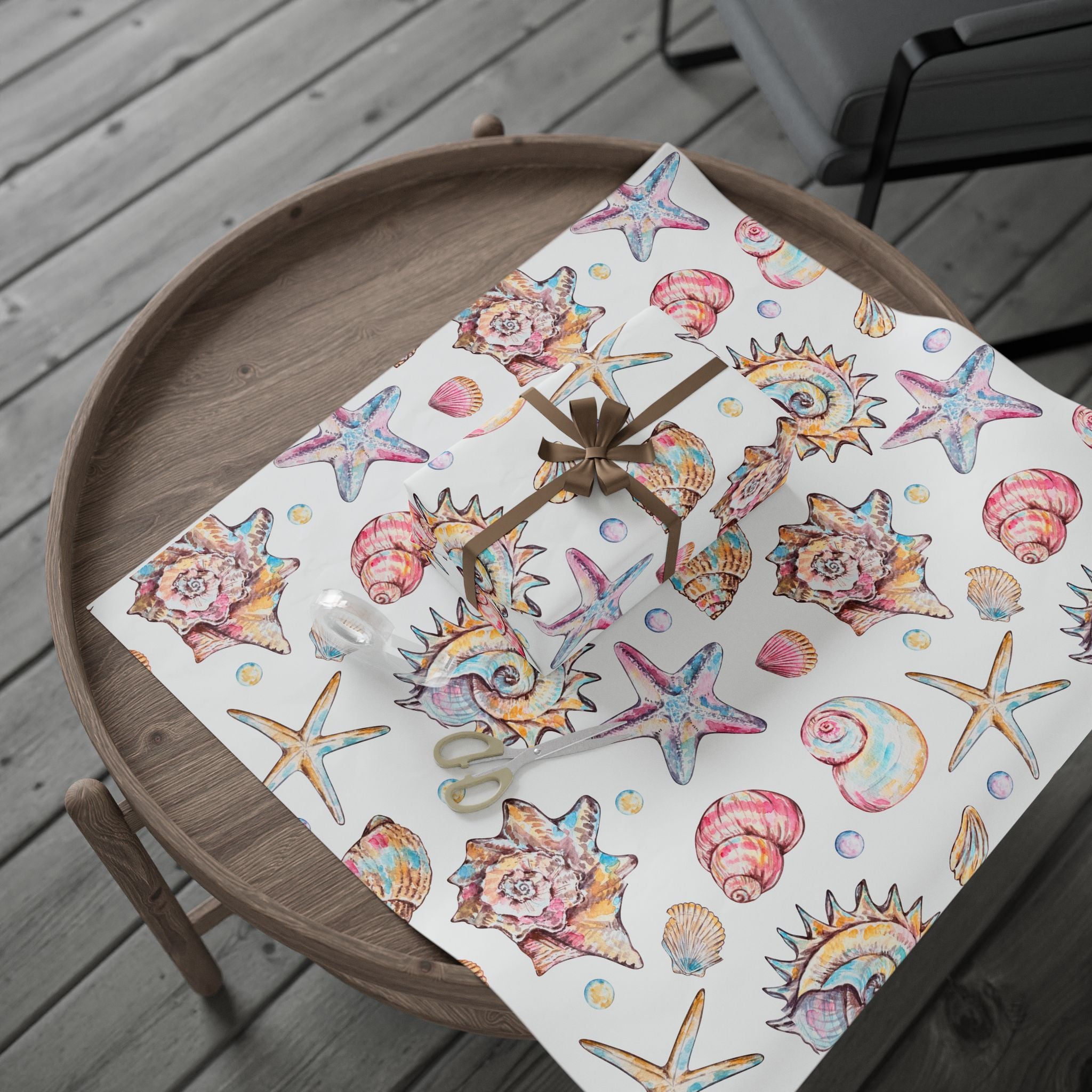 Seashells & Starfish Wrapping Paper - Coastal Beach Gift Wrap Roll