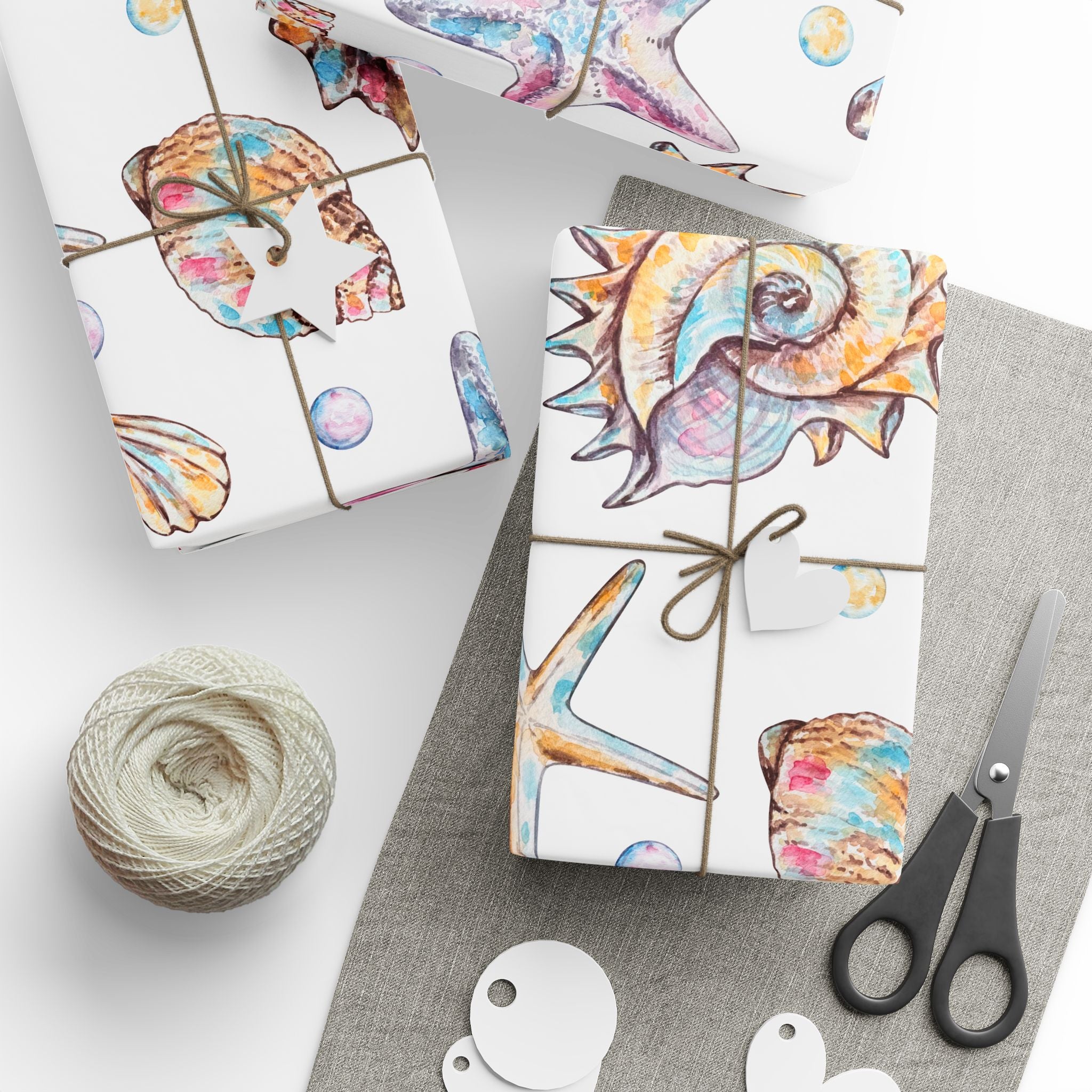 Seashells & Starfish Wrapping Paper - Coastal Beach Gift Wrap Roll