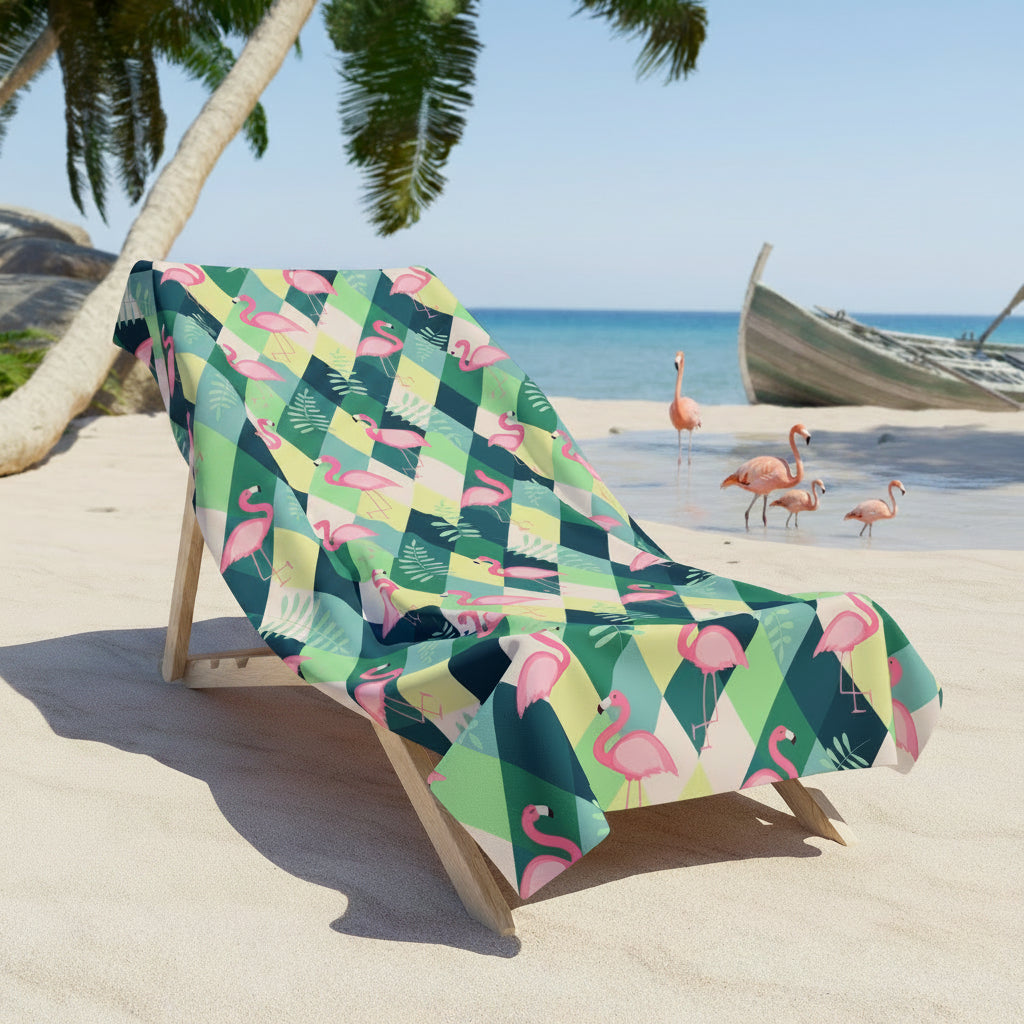 Flamingo Plaid Beach Towel — Tropical Pink Flamingo Pattern