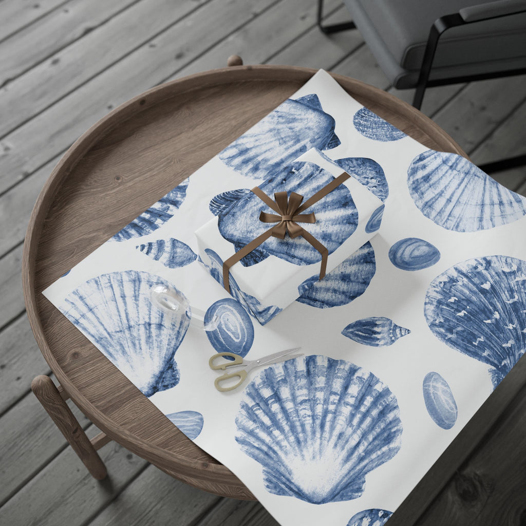 Blue Seashell Wrapping Paper Roll — Coastal Gift Wrap for Beach Lovers, Nautical Birthday & Summer Presents