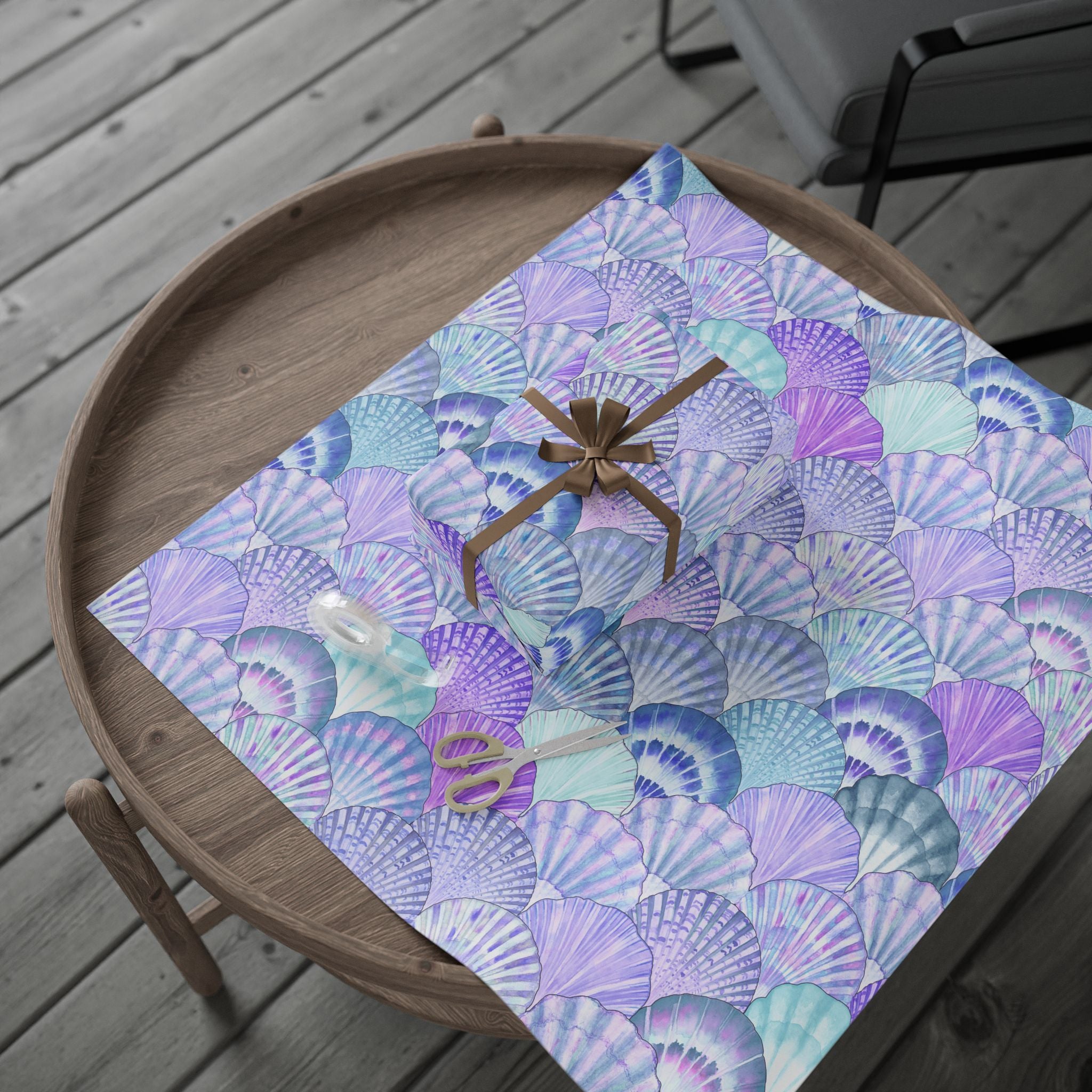 Seashell Scallop Wrapping Paper – Pastel Mermaid Gift Wrap (Blue & Lavender)