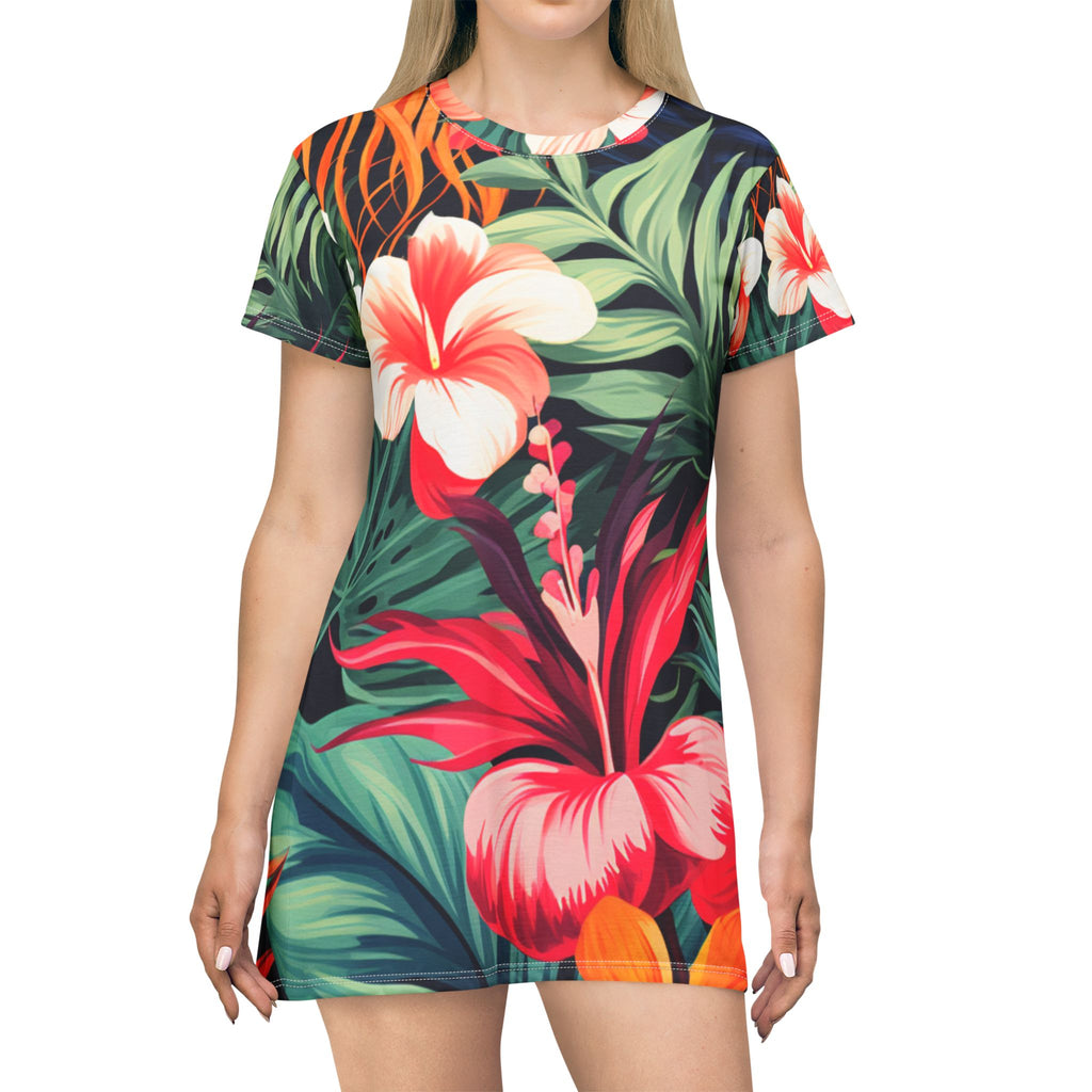 T-Shirt Dress - Tropical Hibiscus All-Over Print