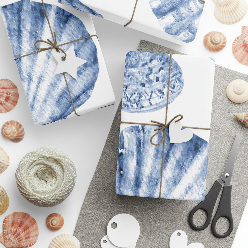 Blue Seashell Wrapping Paper Roll — Coastal Gift Wrap for Beach Lovers, Nautical Birthday & Summer Presents