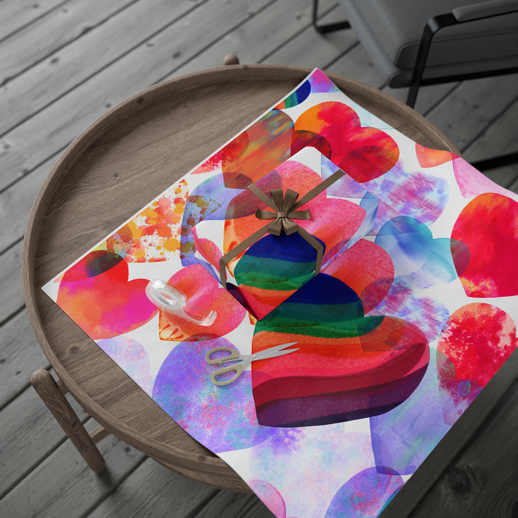 Love Heart Pattern Wrapping Paper – Colorful Watercolor Hearts Gift Wrap for Valentine’s, Pride & Birthdays