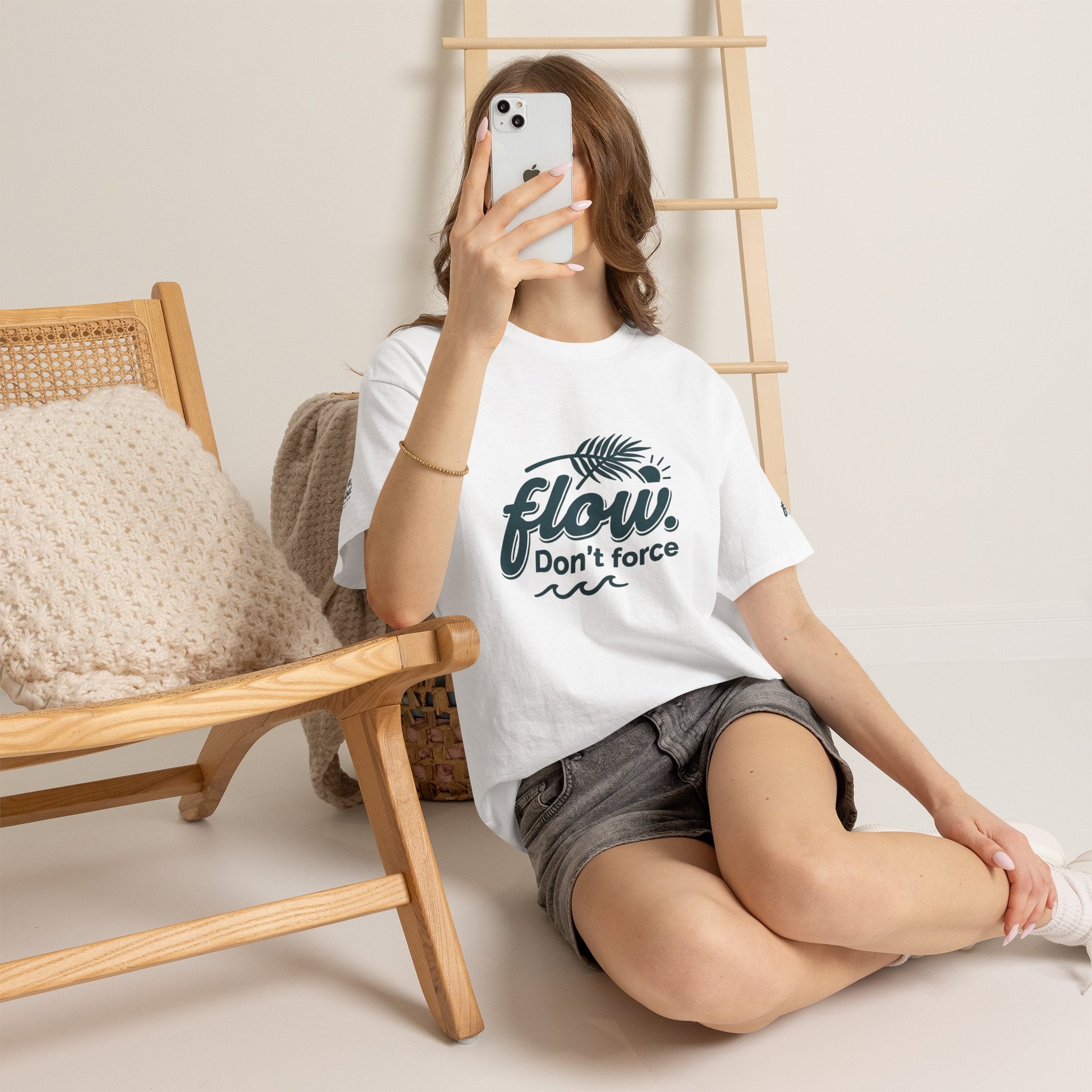 Flow Don't Force tee | Relaxed ocean wave palm design