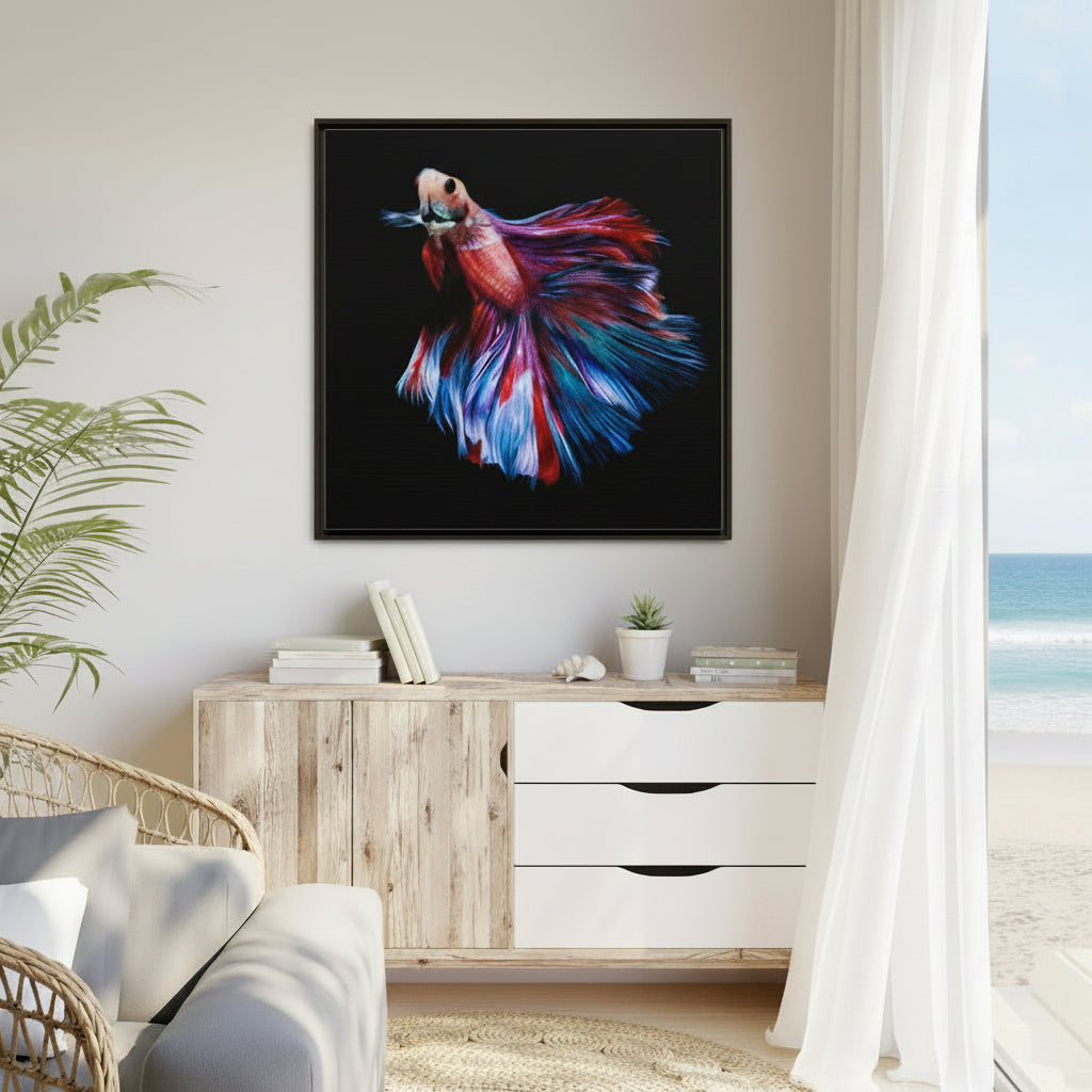 Framed Betta Fish Matte Canvas Print — Vibrant Red & Blue Aquarium Wall Art