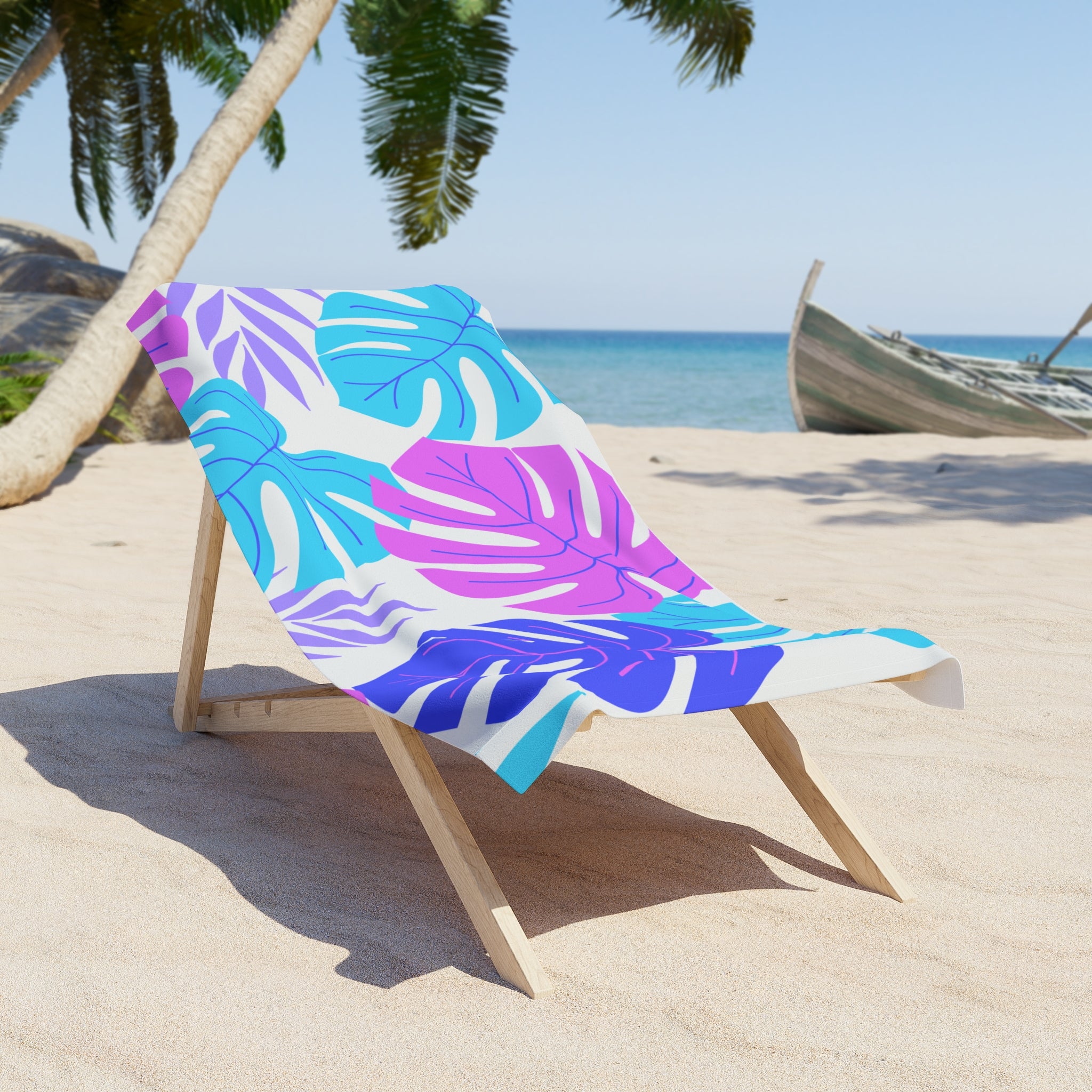 Tropical Monstera Beach Towel — Vibrant Pink & Blue Summer Leaves