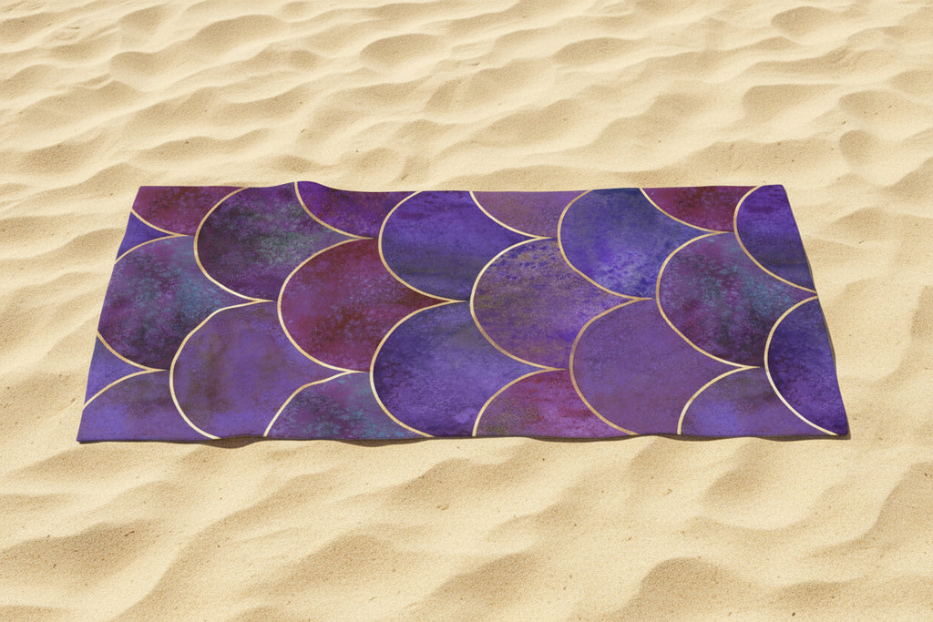 Purple Mermaid Scale Beach Towel — Gold Accent Nautical Towel