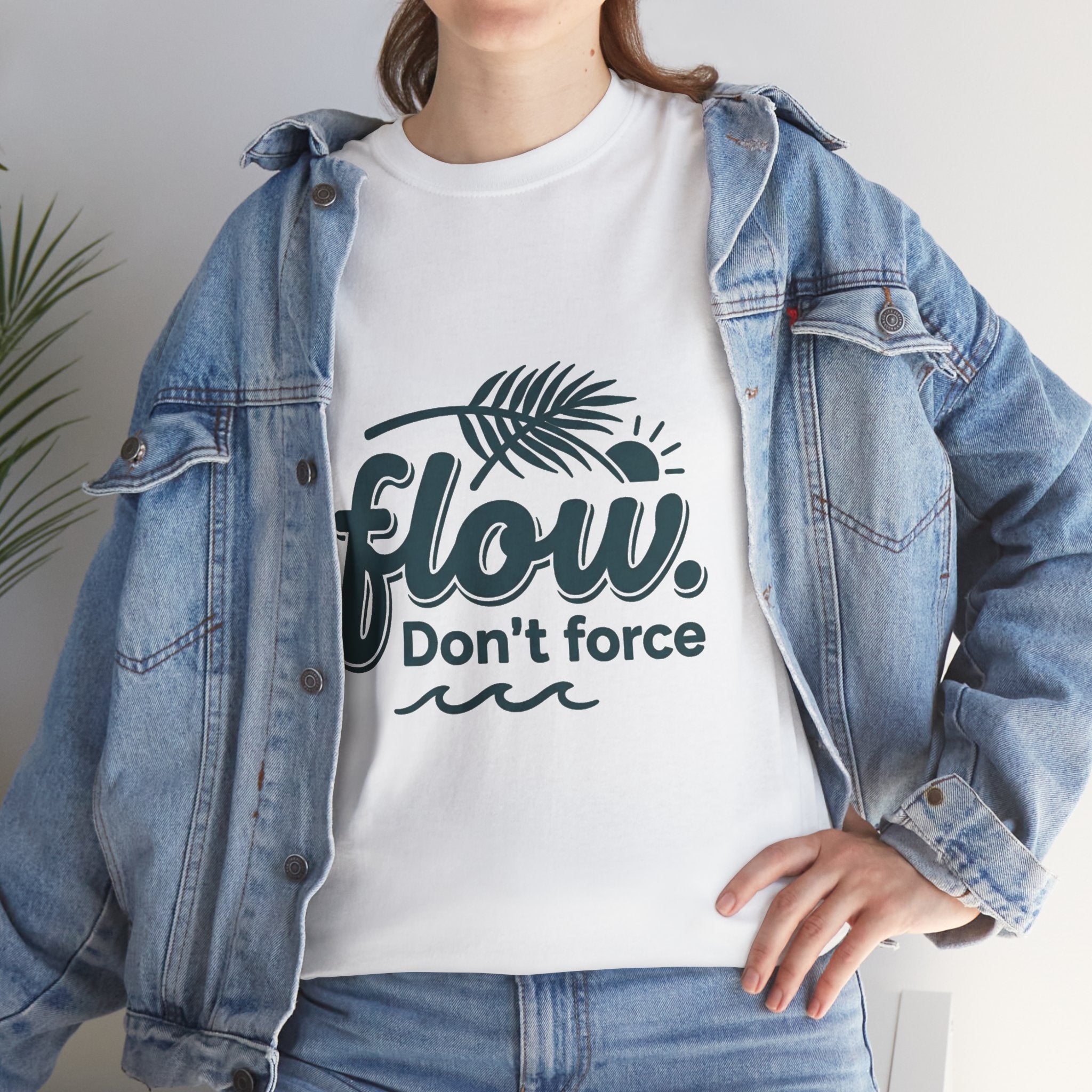 Flow Don't Force tee | Relaxed ocean wave palm design