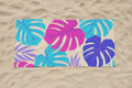 Tropical Monstera Beach Towel — Vibrant Pink & Blue Summer Leaves