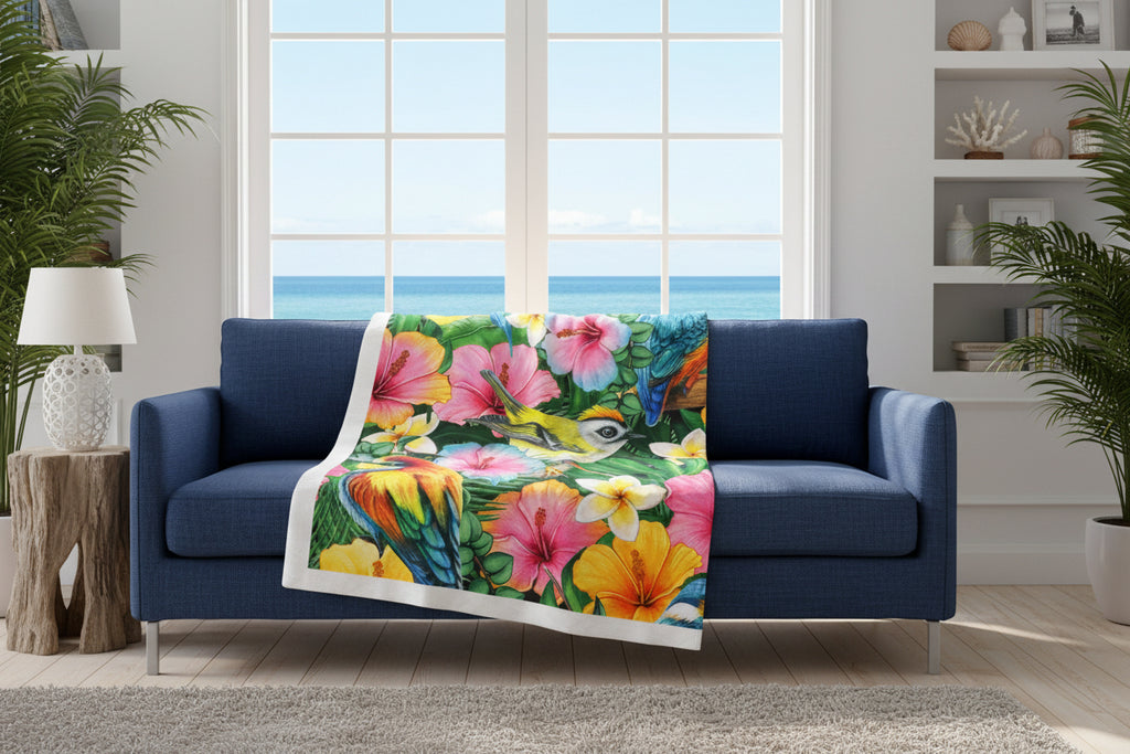 Tropical Birds Velveteen Plush Blanket – Colorful Hibiscus & Parrots Throw