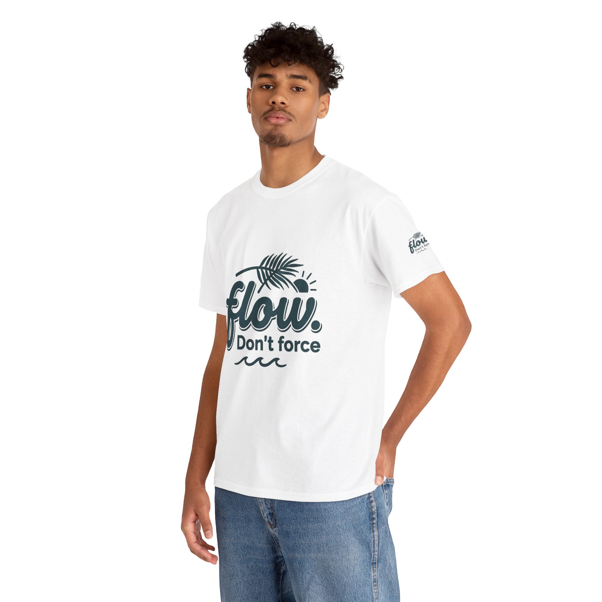Flow Don't Force tee | Relaxed ocean wave palm design