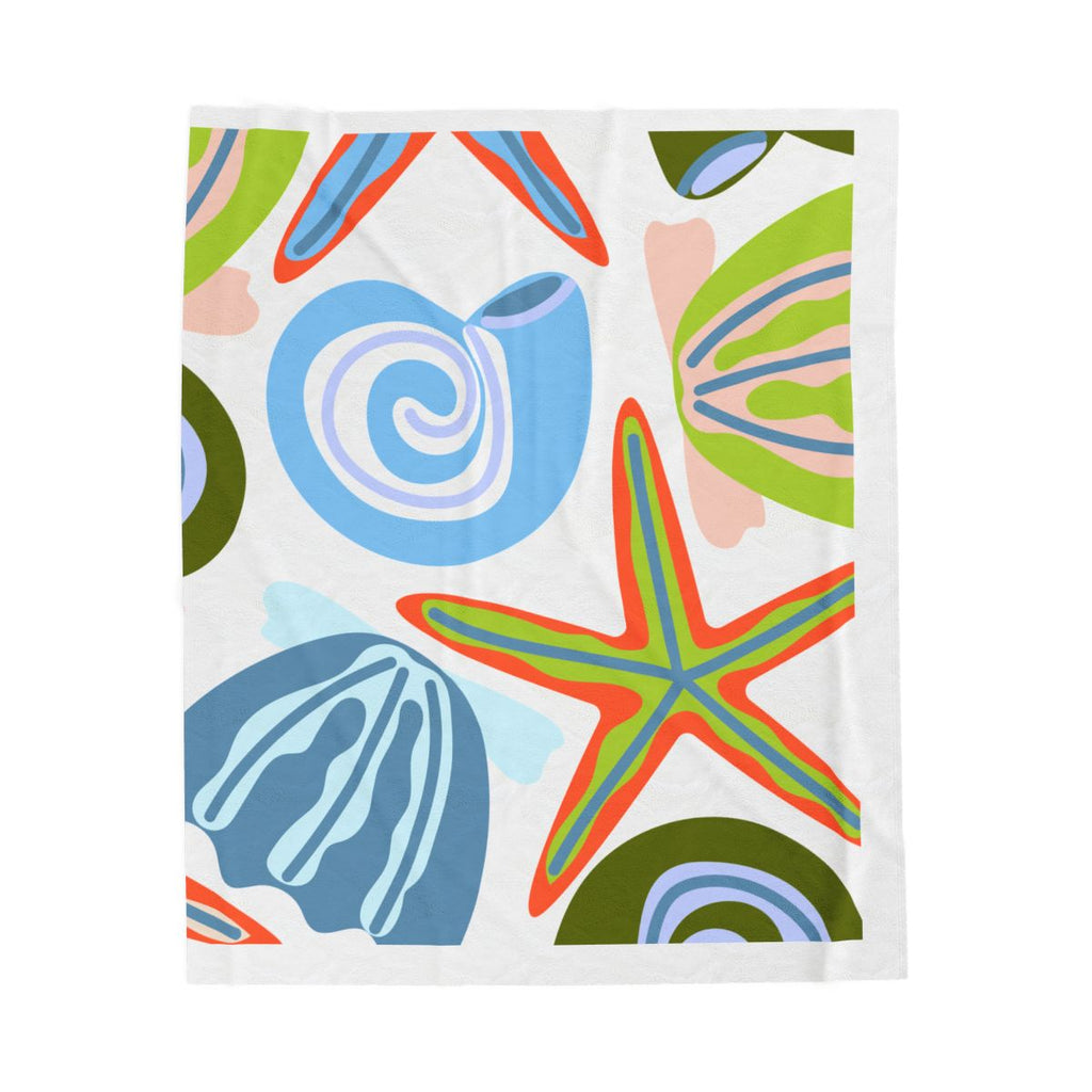 Coastal Seashell Starfish Velveteen Plush Blanket — Colorful Beach Shell Print