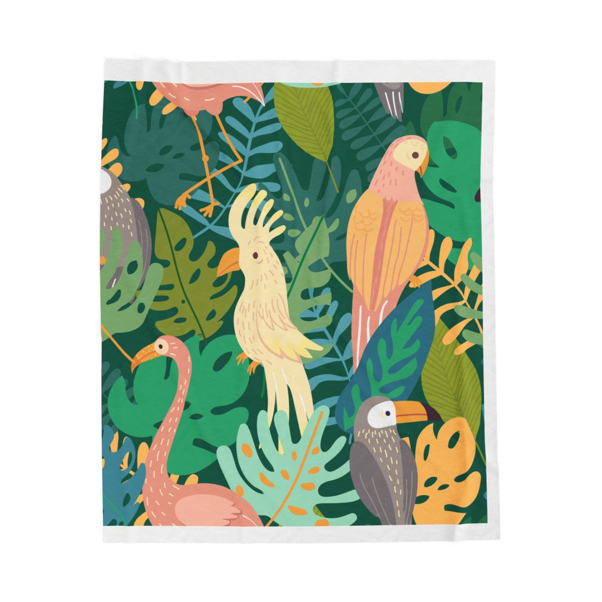 Tropical Birds Velveteen Plush Blanket — Colorful Parrot & Flamingo Throw