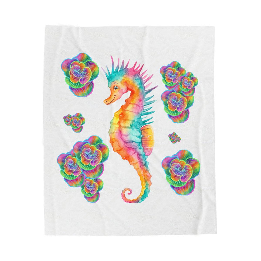Seashorse Velveteen Plush Blanket — Rainbow Seahorse & Floral Watercolor Throw