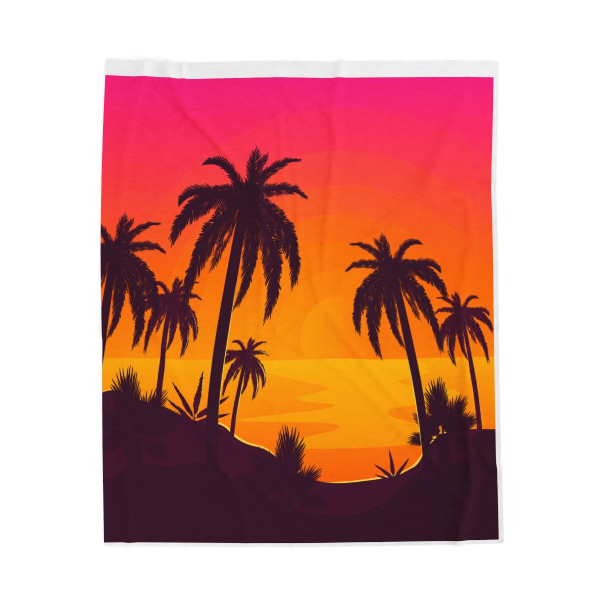 Tropical Sunset Velveteen Plush Blanket — Palm Silhouette Starry Sky Throw