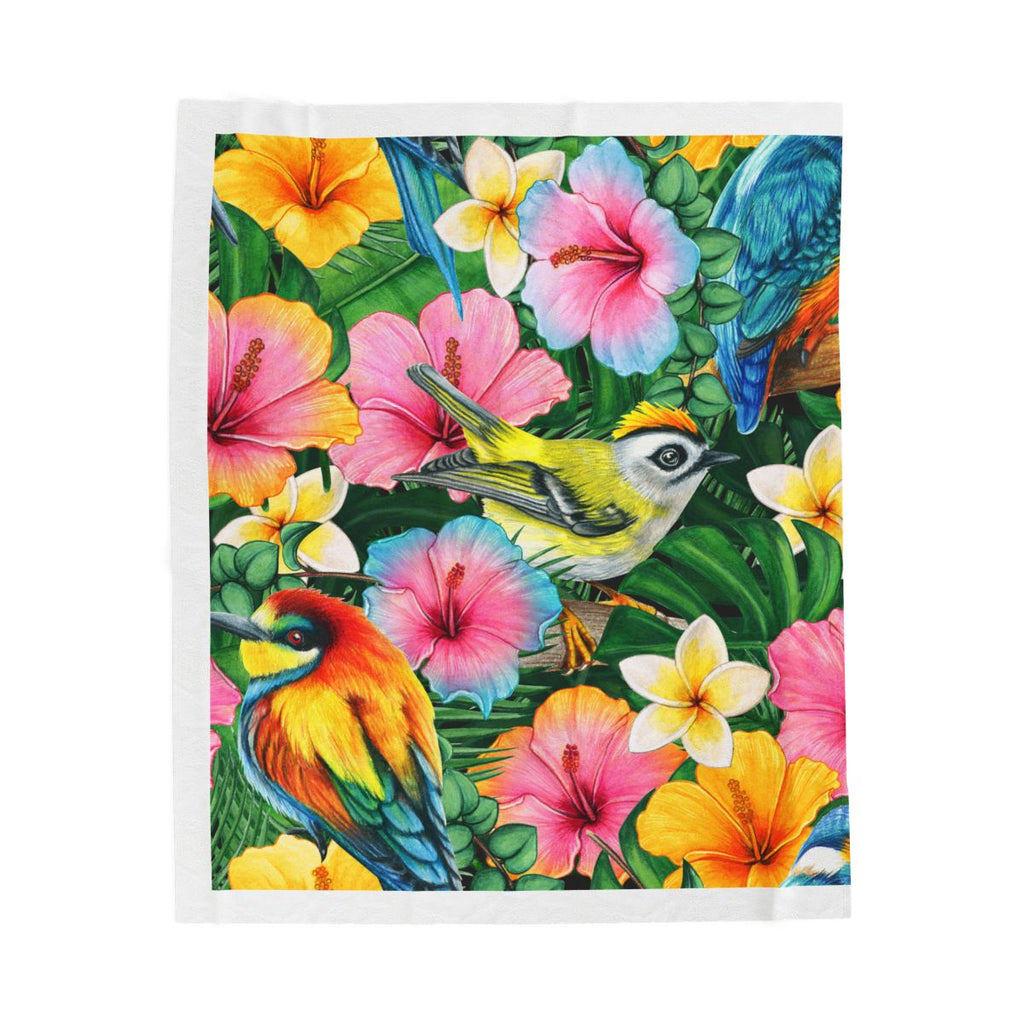 Tropical Birds Velveteen Plush Blanket – Colorful Hibiscus & Parrots Throw