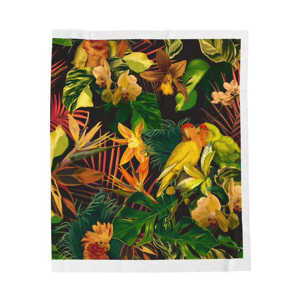 Tropical Parrot Velveteen Plush Blanket — Lush Jungle Floral Throw