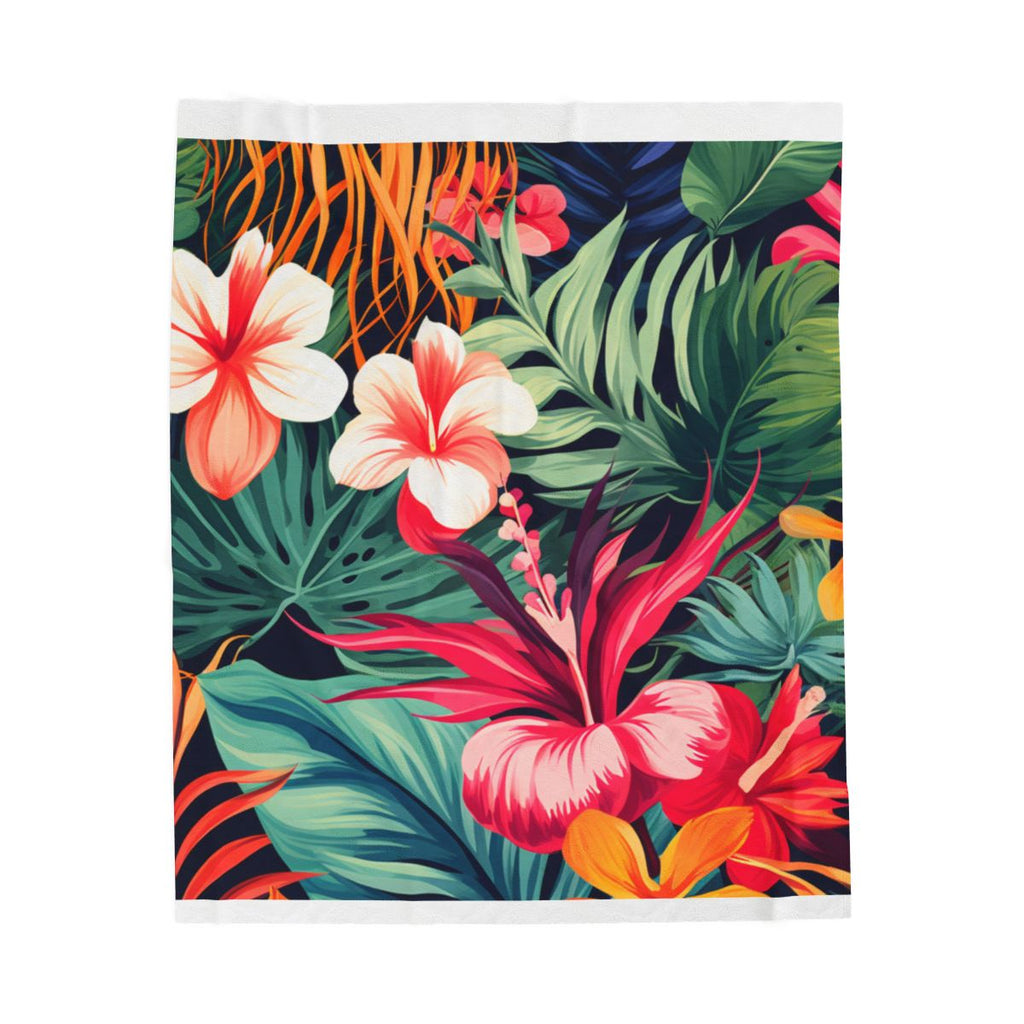 Midnight Tropical Flowers Velveteen Plush Blanket