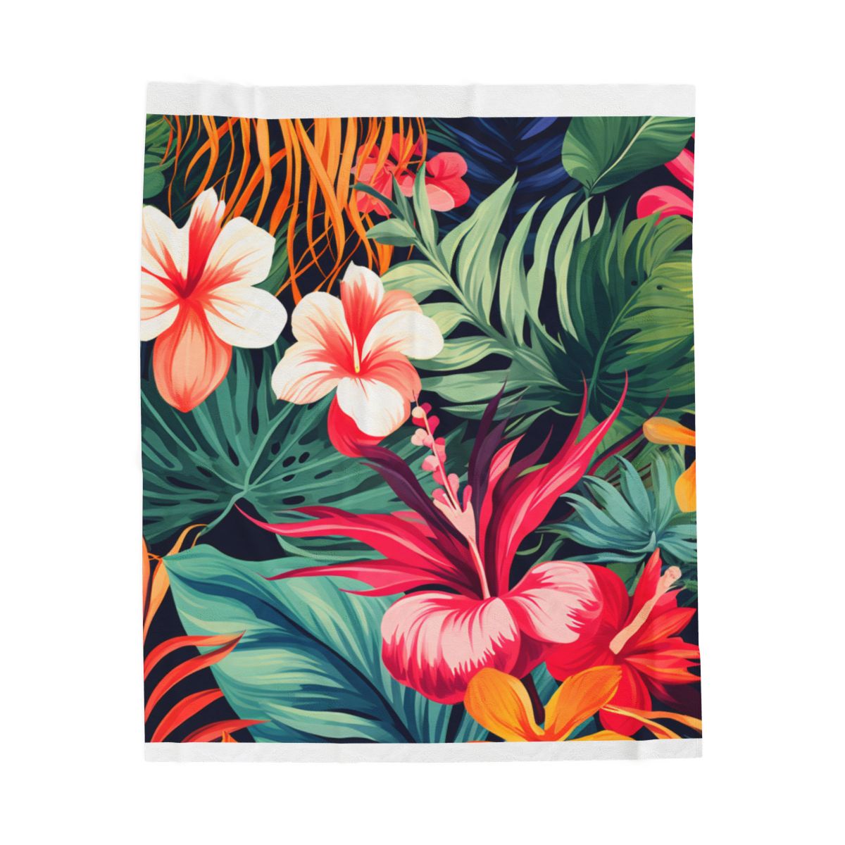 Midnight Tropical Flowers Velveteen Plush Blanket